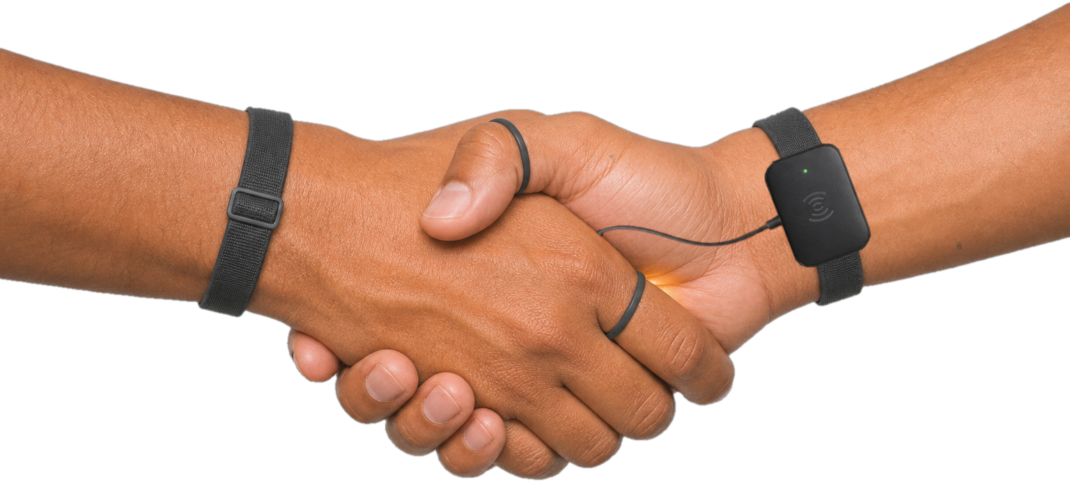 Two pilgrims joining hands in greeting, opening a SalamLink translation session